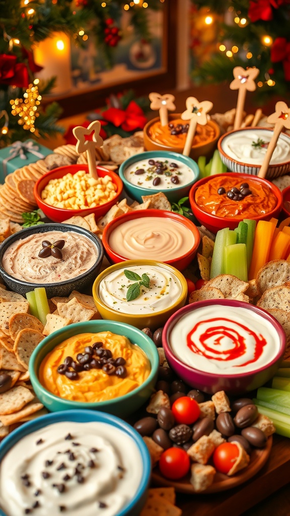 A vibrant spread of Christmas appetizer dips with crackers and vegetables.